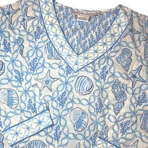 Gretchen Scott Seashell White Blue 100% Cotton Tunic Top Coastal Beach‎ Sz Large